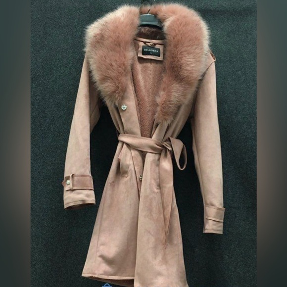 Bellivera Jackets & Blazers - Vintage Y2K Pink Faux Fur and Suede Belted + Hooded Trench Coat